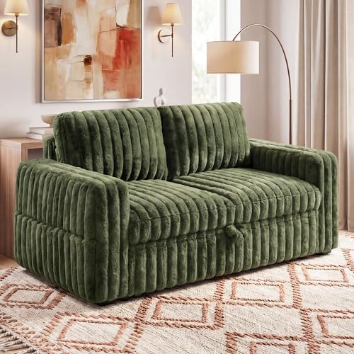 HONBAY Plush Corduroy Loveseat Sleeper Sofa,Modular Pull Out Sofa Bed,Couches for Living Room,Plush Green - Image 6