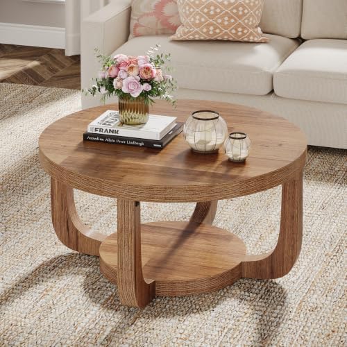 Tribesigns Round Coffee Table, 2-Tier Circle Coffee Table with Storage, Modern Wooden Accent Center Table for Living Room, Thick Tabletop & Base (Rustic Brown) - Image 6
