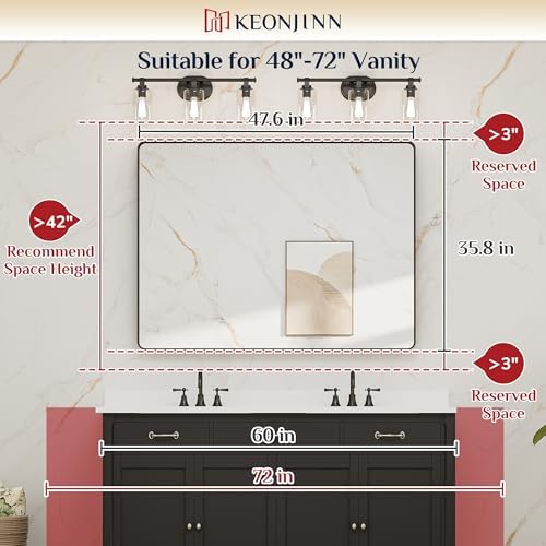 Keonjinn 48 x 36 Inch Black Bathroom Mirror for Over Sink, Tempered Glass - Image 6