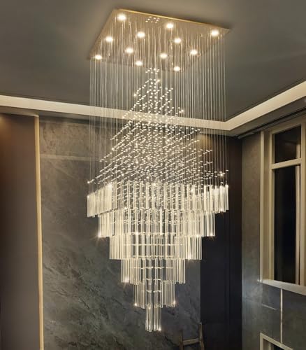 HAIXIANG W32 x H120 Glam Chandelier with LED Bulbs Square Chandeliers, Crystal Raindrop High Ceiling Pendant Light for Entrance Large Villa Foyer Lighting Fixtures Gold by HAIXIANG