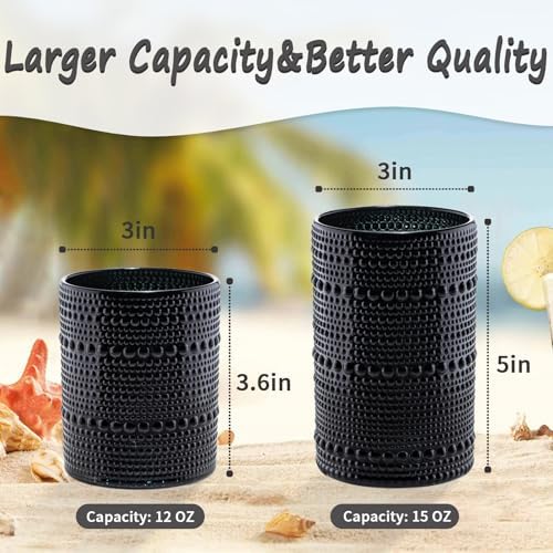 Black Hobnail Beaded Drinking Glasses Set of 12, 12 oz & 15oz Vintage Glassware Set Romantic Water Glasses Tumbler, Water Cups, Embossed Glassware Set for Beer, Juice, Cocktail, Soda, Beverages - Image 5