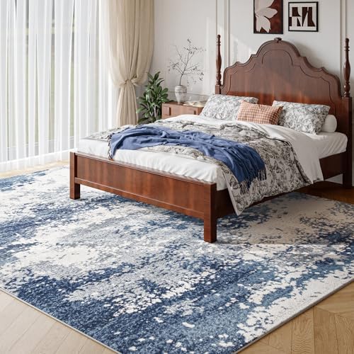 Blue Washable Rug 6x9 Area Rugs for Living Room Bedroom Carpet, Indoor Vintage Abstract Boho Large Rug Non Slip Faux Wool Rugs for Dorm, Dining Room Table, Nursery, Kids Playroom, Navy - Image 2