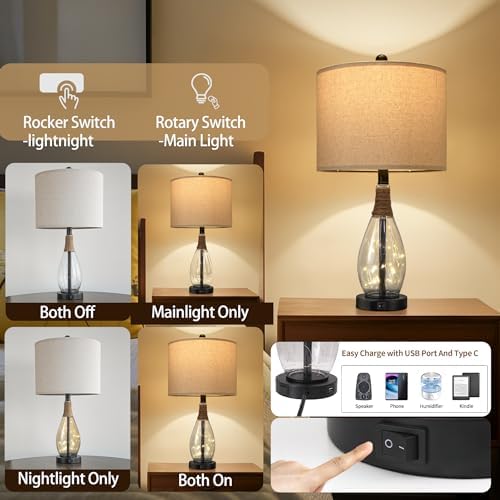 OYEARS Bedside Table Lamp with USB, 23‘’ Black Modern Nightstand Lamps for Bedroom, Retro Rattan Table Lamps for Night Stands, Living Room, Farmhouse Table Lamp with Glass Nightlight Lamps - Image 3