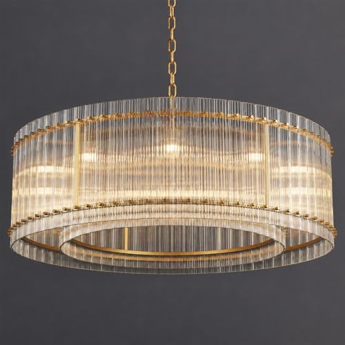 48-Inch Ripple Glass Chandelier, 2-Tier 10-Light Large Brass Round Chandelier for Dining Rooms, Living Rooms, Foyers, Staircases, Open-Concept Spaces & High Ceilings by Knurldon