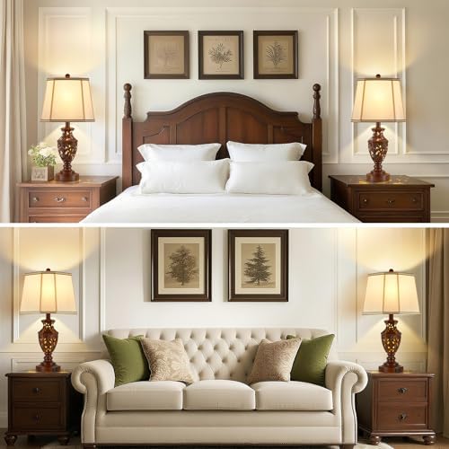 EJIAXIN Lamps for Night Stands Set of 2-23.5" Vintage Bedside Lamp with USB A+C and Nightlight - Brown Retro Carved Resin Farmhouse Desk Lamp for Bedrooms, End Tables, Living Room, Bulbs Included - Image 2