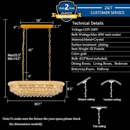 Gold Crystal Chandeliers for Dining Room，9-Lights L31 Inch - Image 4
