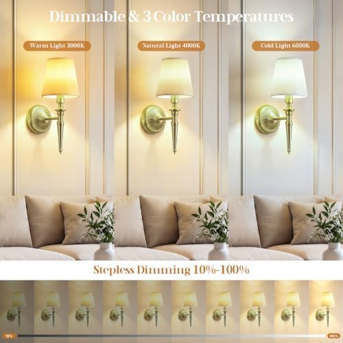 Battery Operated Wall Sconces Set of 2, Wireless Wall Lights with 12 RGB Colors and 3CCT Dimmable, Small Fabric LED Wall Lamps for Bedroom, Living Room, Hallway, Brass - Image 4