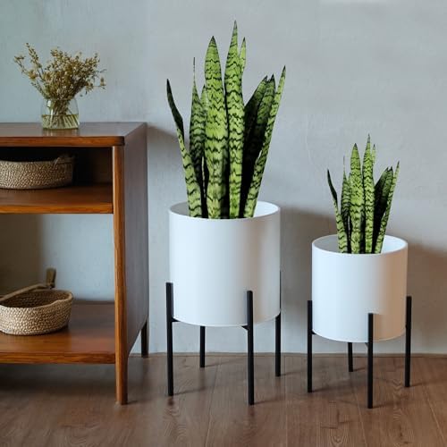 ARNIS Modern Plant Pots, Large Planters with Stand, Set of 2 Decorative Planters, Metal Pots with Drainage Holes for Living Room, Office, Garden or Balcony, 10.5 &12.25 Inch, White - Image 2