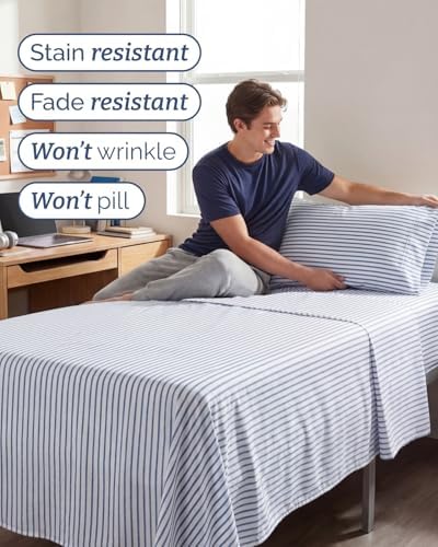 Twin XL 3 Piece Sheet Set - College Dorm Room Essentials - Blue Stripes - Image 5