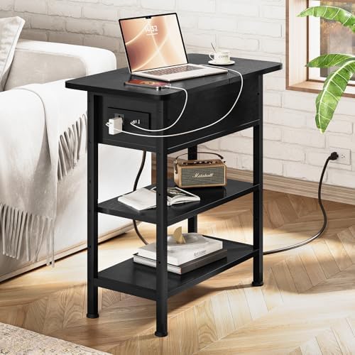 GRUSIGN End Table with Charging Station, Flip Top Side Table with USB Ports and Outlets, 3-Tier Small Side Table with Storage for Small Space, End Tables for Living Room/Bedroom, Black - Image 5