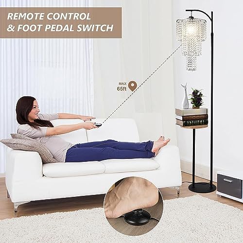 Arc Floor Lamp with Table and Shelves,Crystal Floor Lamps for Living Room,Dimmable Elegant Modern LED Floor Standing Lamp with Remote Control & 10 Colors,Black Adjustable Tall Lamp For Bedroom Corner - Image 3