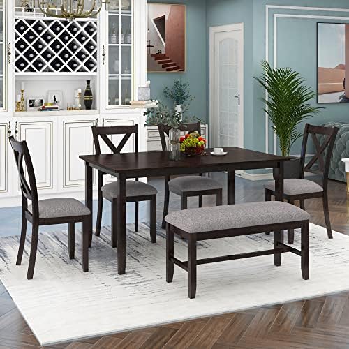 6-Piece Rustic Farmhouse Wood Dining Set, Espresso - Image 3