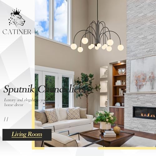 CATINER Modern 52" 12-Light Black Sputnik Chandelier with Milk Glass Globe - Image 3