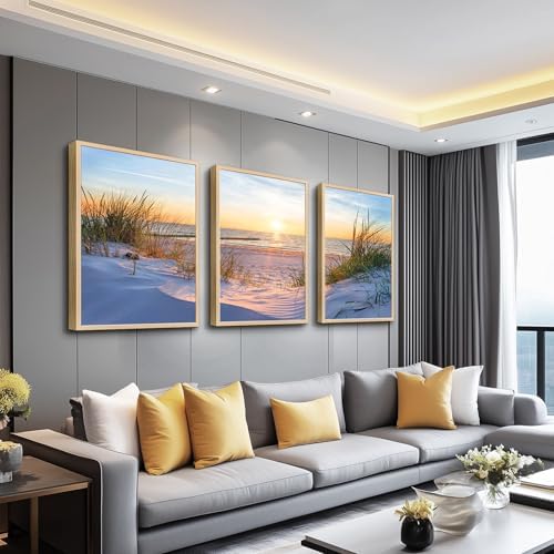 Natural Wood Framed Wall Art for Living Room and Bedroom - Large Size Sun Blue Beach Pictures - Office and Home Decor - Ocean Paintings Set of 3 Piece Framed Art Prints - Image 2