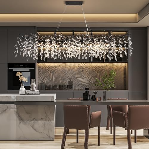 71" Black Crystal Chandelier, 20-Light Modern Tree Branch Chandeliers for Dining Room, Luxury Rectangular Chandelier for Kitchen Island, Living Room, Foyer, K9 Crystal Raindrop Pendant Light Fixture by YUYILIGHTING