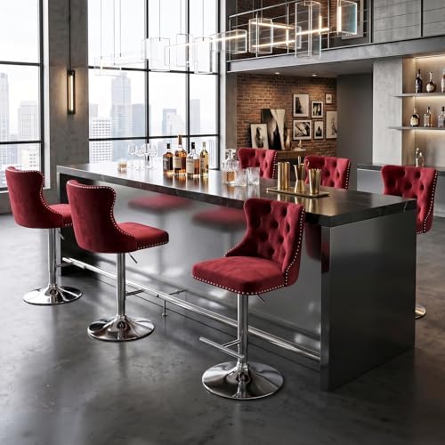 SoarFlash Velvet Bar Stool Set of 6, Adjustable Swivel Bar Stools with Silver Plated Metal Leg, Button Tufted, Footrest, Chrome Nailhead, Counter Height Chair for Kitchen, Bar, Dining Room (Wine Red) by SoarFlash