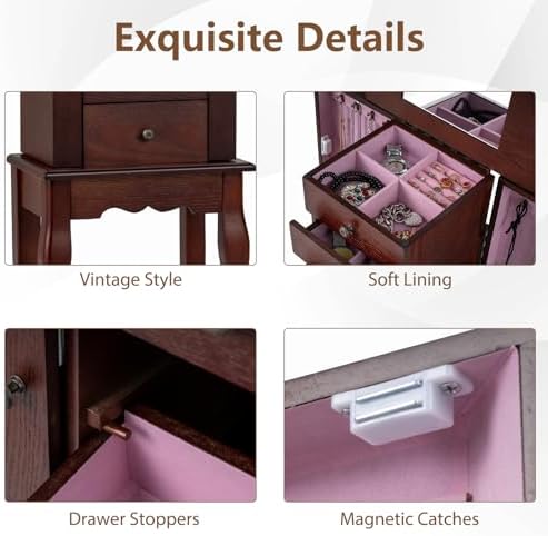 GIANTEX Standing Jewelry Armoire Cabinet with 4 Drawers, Flip Top Mirror, Top Storage Compartments, 2 Side Doors with 8 Necklace Hooks, Freestanding Jewelry Organizer Box Chest (Walnut) - Image 5