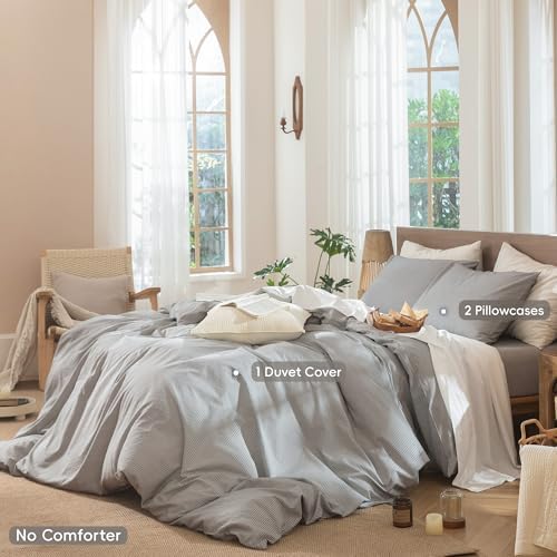 MooMee Striped Duvet Cover Set 100% Washed Cotton Linen Like Queen - Image 2