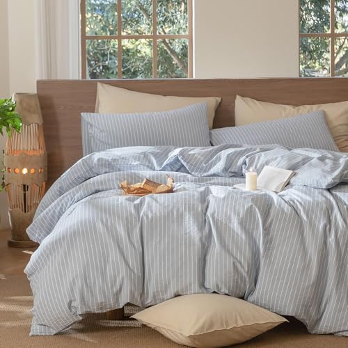 MooMee Striped Duvet Cover Set 100% Washed Cotton Linen Like - Image 6