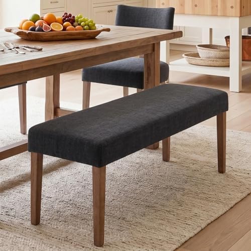 HNY Farmhouse Upholstered Dining Bench Seat, 45" Linen Entryway Bench with Natural Wood Legs, Mid Century Modern End of Bed Bench for Kitchen Bedroom Living Room Hallway, for 2-3 Person, Charcoal by HNY