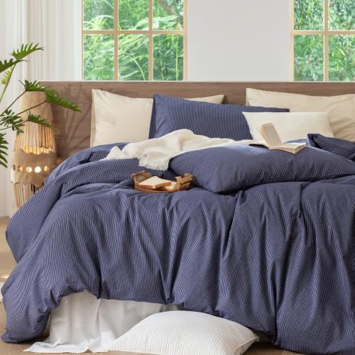 MooMee Striped Duvet Cover Set 100% Washed Cotton Linen Like Queen - Image 5