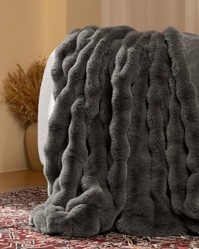 Ultra Soft Cozy Faux Fur Throw Blanket-Fuzzy Plush Thick Bubble Blanket, Fluffy Blanket for Couch, Sofa, Bedroom, and Living Room, 50x60 Inches, Dark Grey Taupe - Image 2