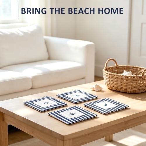 Coastal Cloth Coasters for Drinks, Rustic Navy Blue Stripe, 8PCS - Image 6