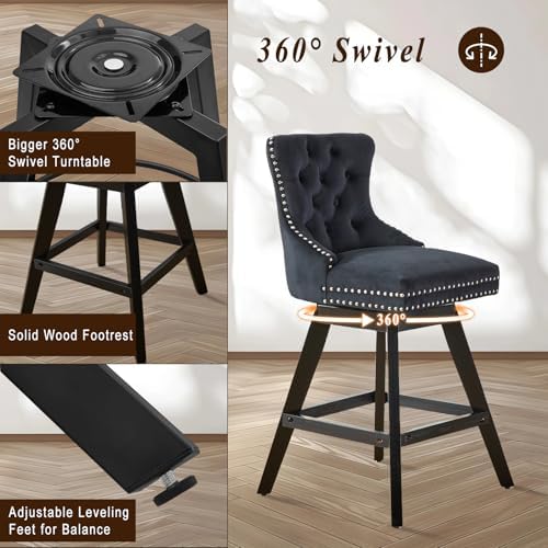 SoarFlash Kitchen Swivel Bar Stools with Solid Wood Legs Upholstered Counter Stools Set of 6, Black - Image 5