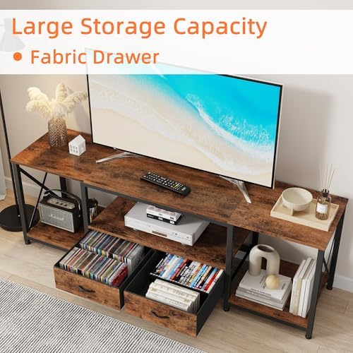 GYIIYUO TV Stand with Fabric Drawers for 65 70 75 Inches TV - Entertainment Center and Industrial TV Console Table with Open Storage Shelves for Living Room, Bedroom - 63" Rustic Brown - Image 5