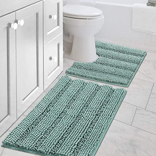 H.VERSAILTEX Bathroom Rugs Bath Rug Set 2 Piece Bathroom Contour Rug Toilet Mat Sets Non Slip Contour Bath Rug Ultra Thick Water Absorbent Striped Bath Mats(20" x 32" Plus 20" x 20" U, Eggshell Blue) by HVERSAILTEX
