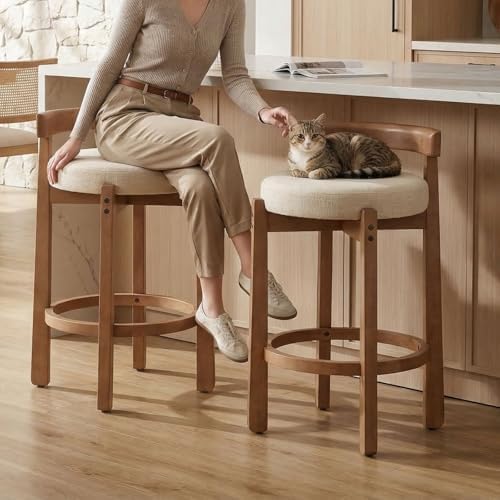 LukeAlon Mid Century Linen Counter Stools Set of 2, Upholstered 26.5” Seat Height Low Barstools with Natural Wood Legs Round Low Back Kitchen Stools with Footrest for Dining Room, Beige by LukeAlon