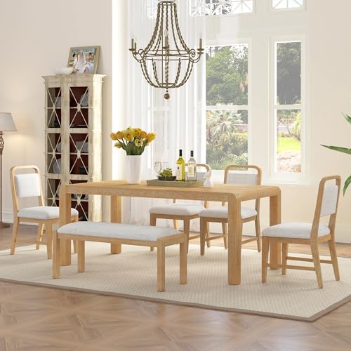 VilroCaz Vintage Extendable Dining Table Set for 4-6 with 4 Upholstered Chairs and 1 Bench, Rustic Wire Brushed Kitchen Table Set with Curved Design for Dining Room and Kitchen (Natural-1.9N) - Image 2