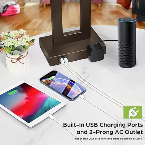 TOBUSA 28" Brown Modern Table Lamp Set of 2 with 2 USB Ports&AC Outlet - Image 5