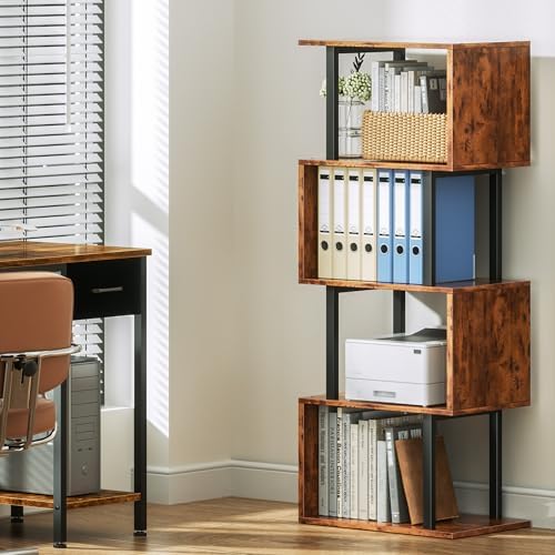 Furologee 5 Tier Bookshelf, S Shaped Geometric Bookcase, Rustic Brown - Image 5