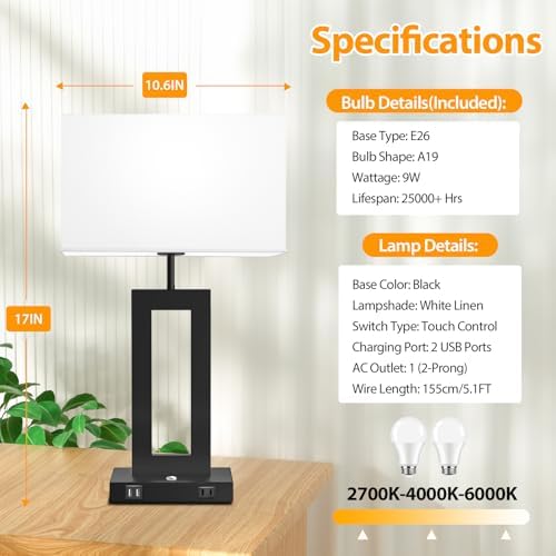 Kondras Set of 2 Table Lamps for Bedrooms, 3-Color Temperatures Touch Control Bedside Lamps with 2 USB Ports&AC Outlet, Stepless Dimmable Living Room Lamps for Nightstand, Bulbs Included, White&Black - Image 5