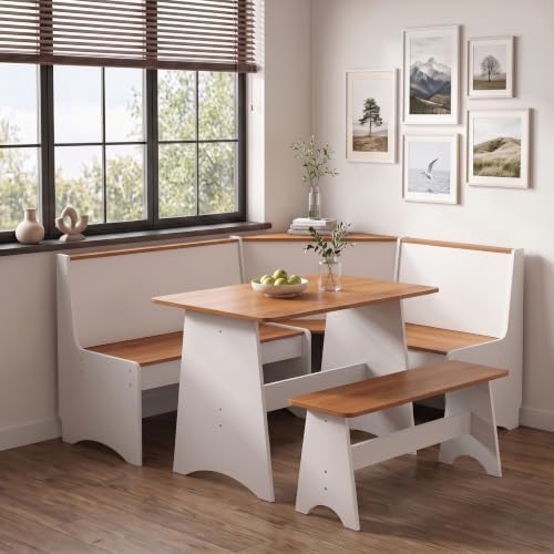 Item Name: Farmhouse Breakfast Nook Table Set with L-Shaped Bench & Storage, Reversible Seating for 3-4, Easy-Clean Waterproof Laminate, Space-Saving Corner Design (White + Natural) by Unknown