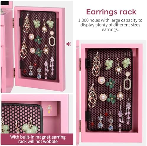 Meangood Jewelry Box Wood for Women, 5-Layer Large Organizer Box with Mirror & 4 Drawers for Rings, Earrings, Necklaces, Pink - Image 4