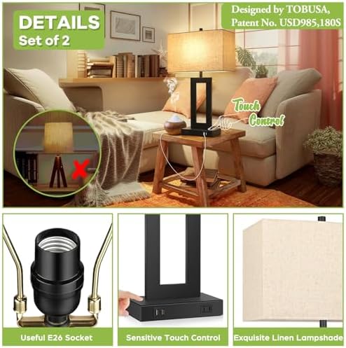 TOBUSA 22" Table Lamp Set of 2, Modern Nightstand Lamp with 2 USB Ports - Image 6
