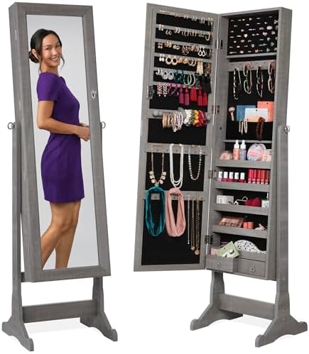 Best Choice Products Freestanding Jewelry Armoire Cabinet, Full Length Standing Mirror, Lockable Makeup Storage Organizer, w/Velvet Lining, 3 Angles, Lock, Accessory Pouch, 5 Shelves - Gray Oak by BestChoiceProducts