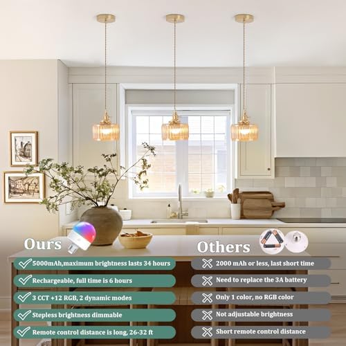 Shenmoyl Battery Operated Pendant Light 5000mAh Rechargeable Chandelier with Remote Control Wireless Adjustable Hanging Amber Striped Light for Kitchen Island Dining Room Hallway - Image 5