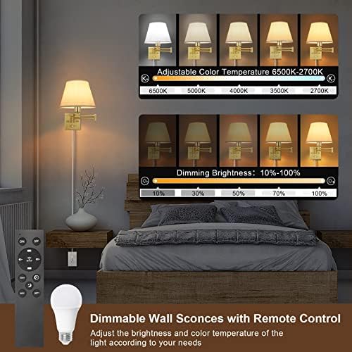 TRLIFE Dimmable Wall Sconce, Remote Control Dimming 10-100% and Adjustable Color Temperature 2700K-6500K Brushed Brass Swing Arm Wall Lights with Plug in Cord, 9.4" Medium White Shade(2 Pack, 2 Bulbs) - Image 2