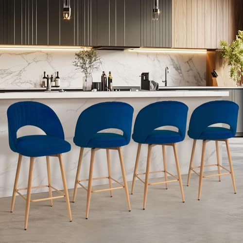 Swivel Bar Stools Set of 4, Counter Height Barstools for Kitchen Island, 26" Seat Height Bar Chairs for Dining Room, Upholstered Bar Stool with Back and Footrest, Blue - Image 6