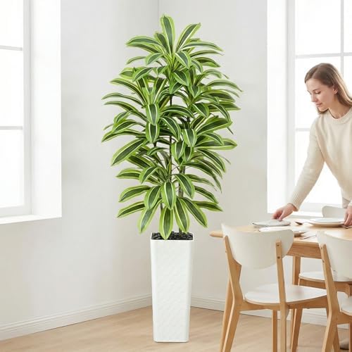 Artificial Yellow Dracaena Tree Indoor, 7FT Tall Fake Floor Plants with White Planter & Pebbles, Faux Silk Yucca Tree for Home Office Living Room Bedroom Farmhouse Modern Outdoor Topiary Tree - Image 2