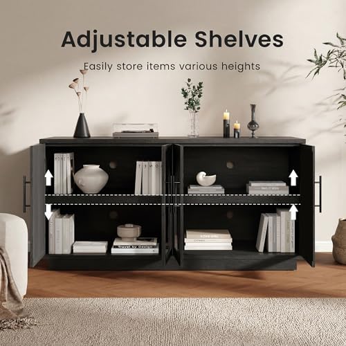 Fatmok Modular Entertainment Center & Coffee Bar with LED Lighting,Charging Station,Arched Wood Sideboard Buffet Cabinet,Modern Liquor&Wine Display Cabinet for Living Room,Black Grey(FEAEF,5-Piece) - Image 6