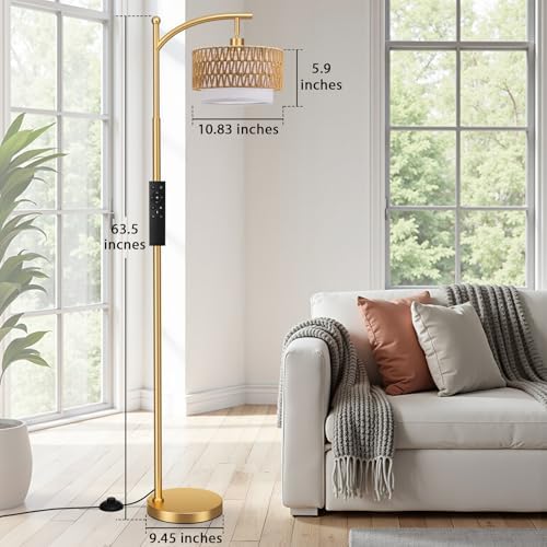 Ambimall Arc Floor Lamp with Remote & Rattan Double Shades, Gold Rustic - Image 4
