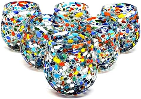 Confetti Rocks 16 oz Stemless Wine Glasses (set of 6), Recycled Glass, Lead-free, Toxin-Free (16oz Stemless) by MexHandcraft