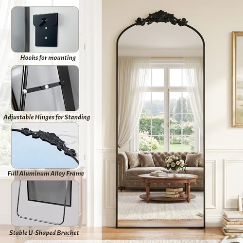 Vintage Full Length Mirror,71"x28" Arched Antique Floor Mirror with Carved Metal Frame,Large Standing Wall Mounted or Leaning Mirror for Bedroom Living Room Entryway,Black - Image 3