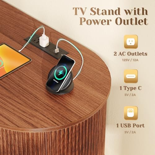 PRAISUN 54 Inch Fluted TV Stand for TVs up to 55 Inch, TV Media Console with Power Outlets and USB-C Port, Entertainment Center with Storage, Curved Sliding Doors, Adjustable Shelf, Brown - Image 4