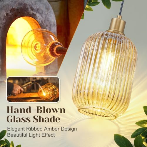 2 Pack Pendant Lights with Vintage Amber Ribbed Glass Lampshade, Adjustable Black and Gold Pendant Lights Fixtures for Kitchen Island Lighting Sink, Dining & Living Room Hallway (Bulbs Not Included) - Image 7