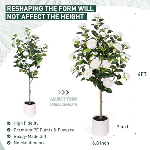 Yepdin 47 inch Artificial Camellia Tree with White Flower Pots -2 Pack White Fake Tree,4 Ft Faux Plants Indoor wich Blooming,Artificial Plants for Indoor & Outdoor Home Front Door Decor - Image 3